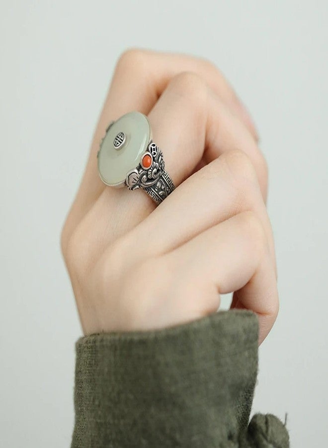 vinsiora Chinese Vintage Jade And Silver Ring With Ornate Detailing Design, a Hanfu Accessory Featuring An Open Design That Is Adjustable In Size (Jade Ring) - Image 3